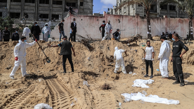 Scores more bodies were recovered from what authorities say were mass graves on the site of Nasser hospital