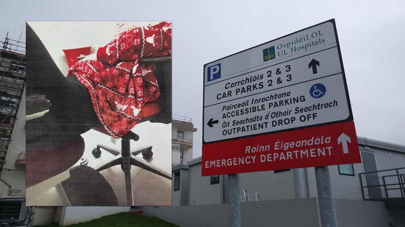 Inset: A photograph of Aoife Johnston lying across two chairs in the UHL emergency department hours before she died was shown at the inquest