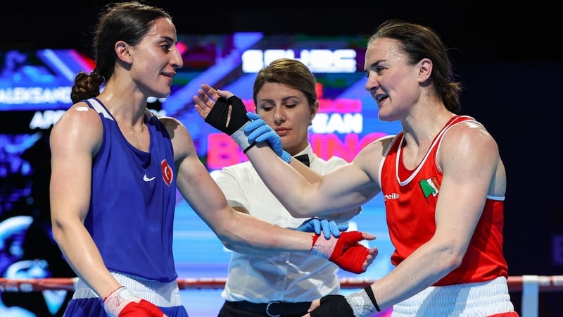 Kellie Harrington and opponent Ozer Gizem following their lightweight quarter-final