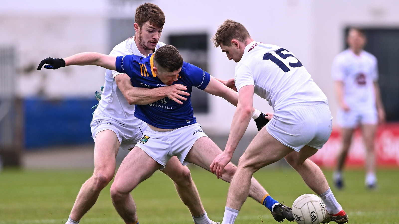 Kevin Feely and Daniel Flynn (R) battle for possession in their quarter-final win over Wicklow