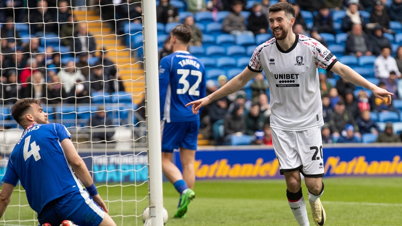 Finn Azaz, who won his first Ireland senior cap in March, celebrates his goal for Boro
