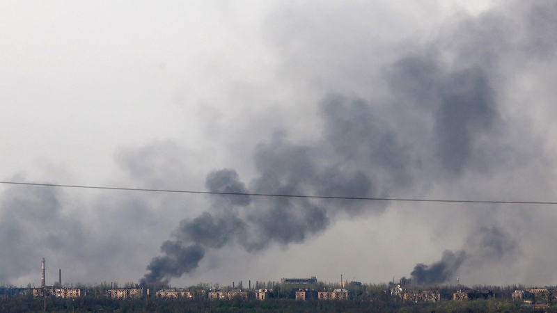 Photo taken on 11 April near the town of Chasiv Yar, in Donetsk region, shows smoke rising from fires after bombing