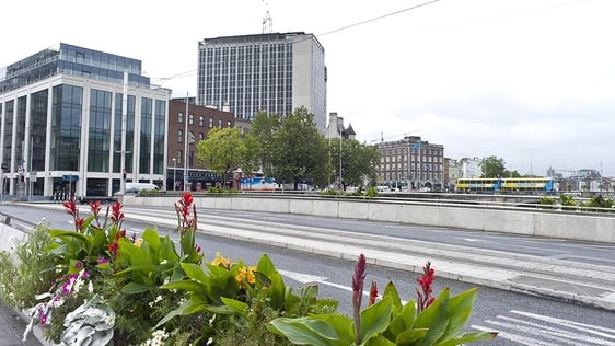 A view of Burgh Quay from the Rosie Hackett Bridge, Dublin city, 2020.