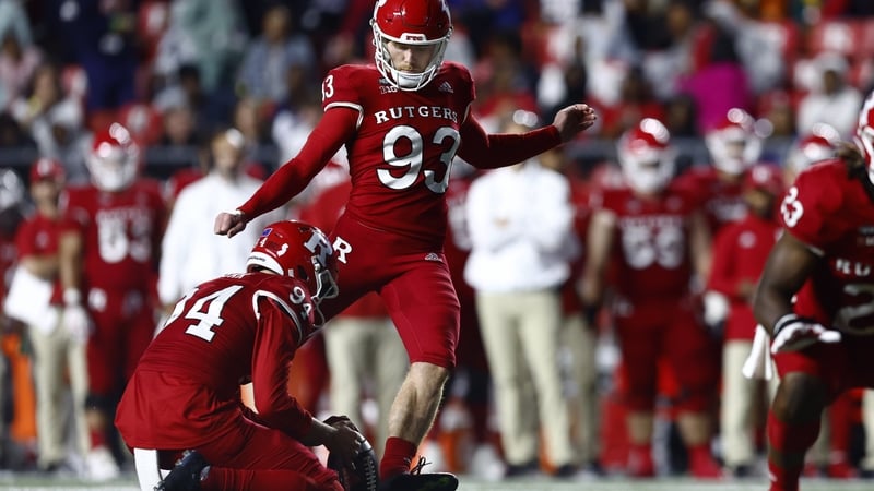 Jude McAtamney (93) taking a kick for the Rutgers Scarlet Knights in 2022