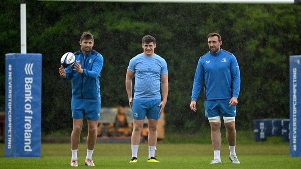 Ross Byrne, Dan Sheehan and Jack Conan at Leinster training on Monday afternoon