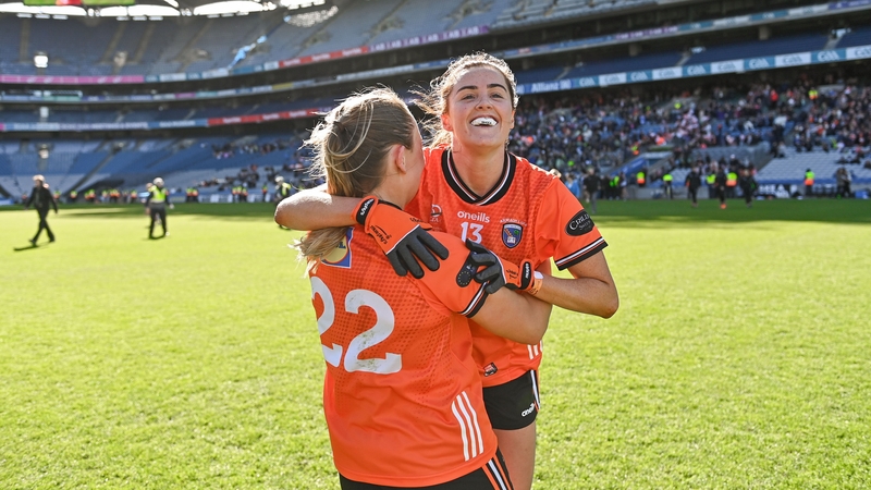 Aimee Mackin (right) celebrates with team-mate Louise Kenny after Armagh's Division 1 final victory over Kerry earlier this month
