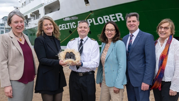 Pictured at the handover of the bronze famine shoes in Galway Harbour were, from left, Anne Donoghue, Caroilín Callery, Capt Denis Rowan, Canadian Ambassador Nancy Smyth, Dr Rick Officer, Marine Institute and Dr Becky Whay, University of Galway
