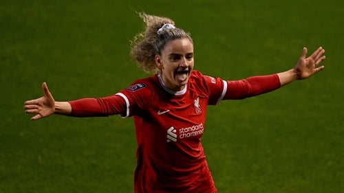 Leanne Kiernan celebrates her goal for Liverpool
