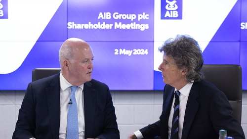 AIB CEO Colin Hunt and Chairman Jim Pettigrew at the bank's AGM meeting in Dublin today