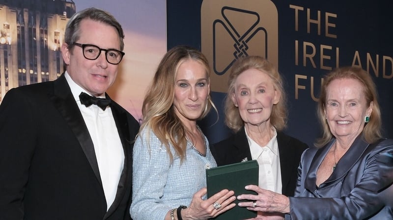 Matthew Broderick; Sarah Jessica Parker; Charlotte Moore, Artistic Director of the Irish Repertory Theatre; and Loretta Brennan Glucksman, Chair Emerita of The Ireland Funds America at The Ireland Funds 46th New York Gala. Photo credit: James Higgins