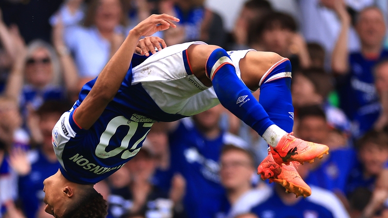Omari Hutchinson celebrates Ipswich's second goal
