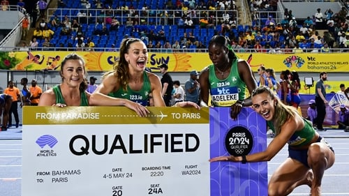 Phil Healy, Sophie Becker, Rhasidat Adeleke and Sharlene Mawdsley celebrate booking a spot in Paris and a new Irish record