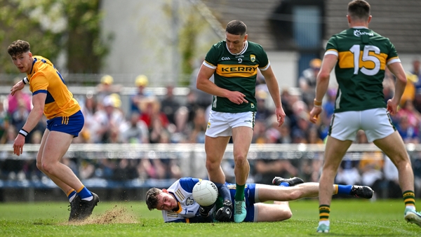 Kerry's Joe O'Connor has a shot blocked by Clare goalkeeper Stephen Ryan