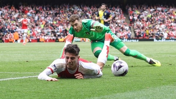 Kai Havertz hit the deck after contact with goalkeeper Mark Travers