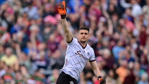 Galway goalkeeper Connor Gleeson celebrates after kicking the winning point against Mayo at Pearse Stadium