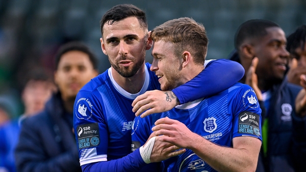 Waterford's Robbie McCourt (L) and Darragh Power celebrate a sweet win