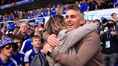 Kieran McKenna celebrates Ipswich Town's promotion
