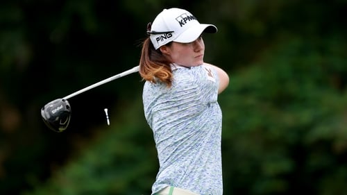 Leona Maguire hits her drive from the 15th tee at Upper Montclair Country Club