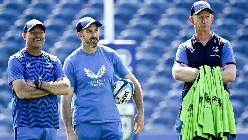 Leinster coaches Jacques Nienaber, Andrew Goodman and Leo Cullen watch on ahead of this evening's meeting with the Ospreys at the RDS
