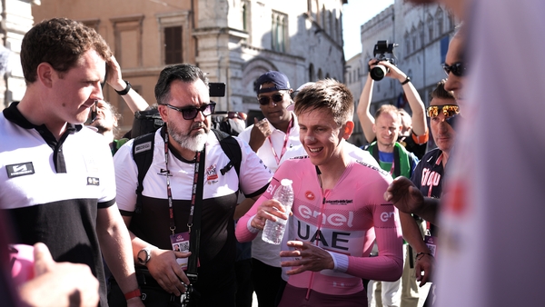 Stage winner Tadej Pogacar after completing the time trial from Foligno to Perugia