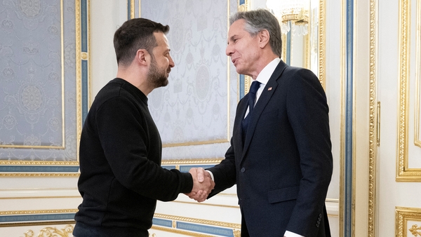 Volodymyr Zelensky is seen greeting Atony Blinken ahead of their meeting in Kyiv this morning