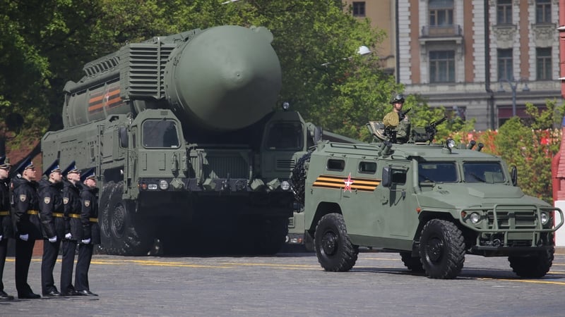 Russian RS-24 Yars nuclear missile complex seen at rehearsals for a military parade the Red Square on 5 May