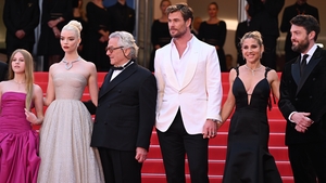 Alyla Browne, Anya Taylor-Joy, George Miller, Chris Hemsworth, Elsa Pataky and Tom Burke attend the "Furiosa: A Mad Max Saga" Red Carpet during the 77th Cannes Film Festival