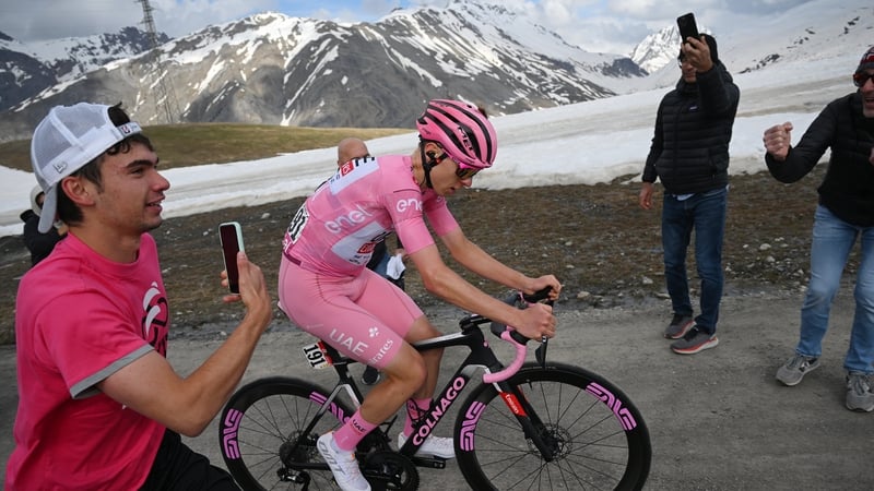 Tadej Pogacar climbing the Mottolino (2387m) on stage 15