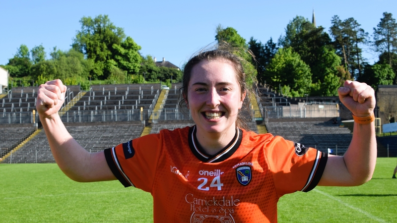Armagh's Niamh Reel celebrates after scoring the winning point on her first touch
