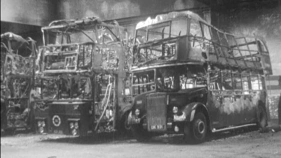 Buses destroyed by fire at Donnbrook bus depot in Dublin, 1974