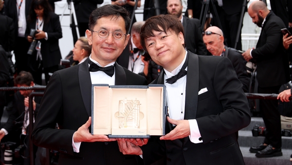 Gorō Miyazaki and Kenichi Yoda celebrate Studio Ghibli's Palme d'Or at the Cannes Film Festival on Monday