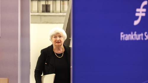 US Treasury Secretary Janet Yellen is meeting with top bank executives on a visit to Frankfurt before attending a meeting of G7 finance ministers in Italy this week