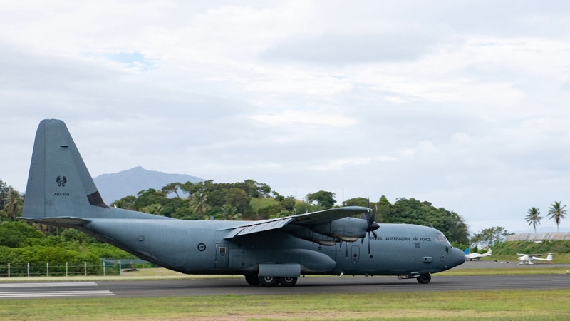 A Royal Australian Air Force C-130 Hercules aircraft was sent to evacuate people at Magenta Airport in Noumea