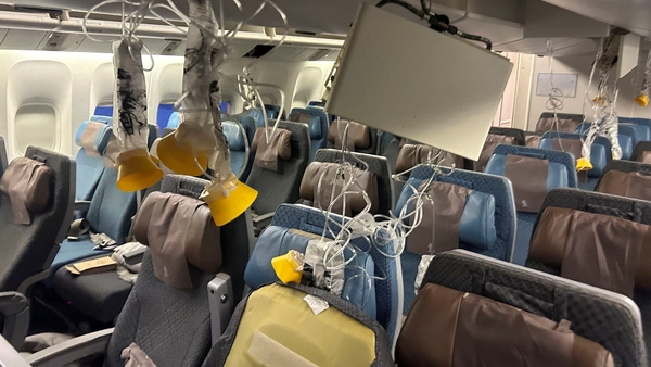 The interior of Singapore Airline flight SQ321 is pictured after an emergency landing at Bangkok's Suvarnabhumi International Airport