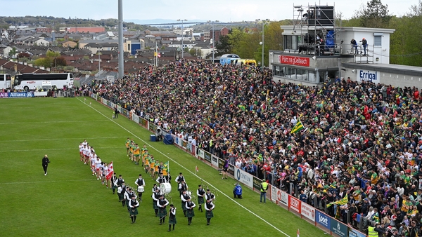 Donegal and Tyrone in the parade before their Ulster semi-final