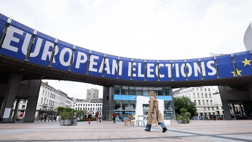 A banner at the European Parliament building in Brussels, Belgium