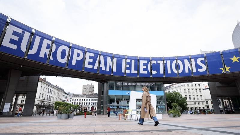 A banner at the European Parliament building in Brussels, Belgium