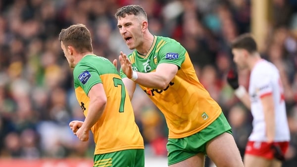 Peadar Mogan, left, is congratulated by his Donegal team-mate Patrick McBrearty after scoring a second half point