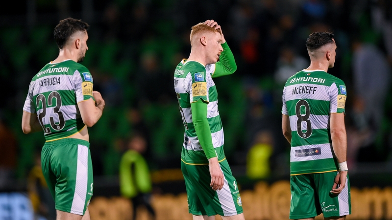 Neil Farrugia, Darragh Nugent and Aaron McEneff react after defeat to Shelbourne at Tallaght Stadium