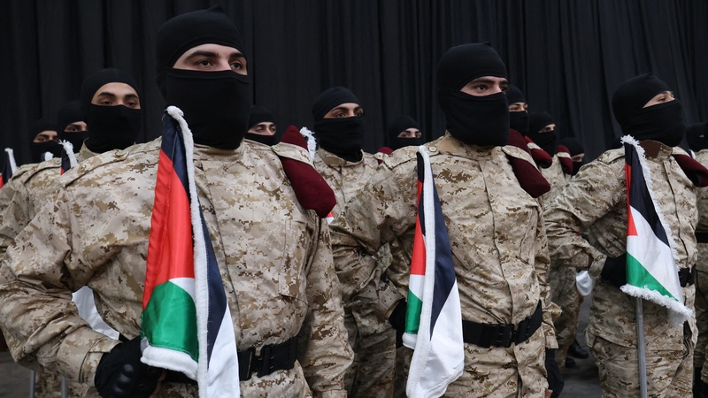 Hezbollah members during an event gathering to mark annual Quds Day commemorations in Beirut on 5 April