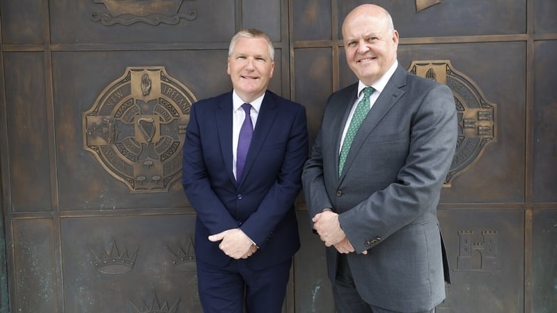 Finance Minister Michael McGrath and AIB CEO Colin Hunt at the bank's restored offices at Dawson Street in Dublin city centre