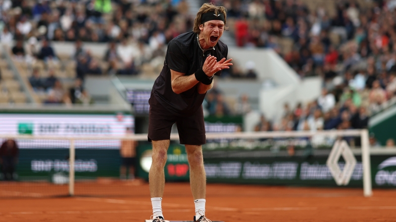 Andrey Rublev reacts during his match against Matteo Arnaldi
