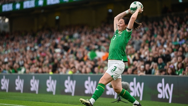 Substitute Megan Campbell launches a throw-in the 3-0 defeat to Sweden