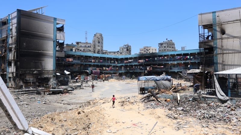 Clothes hang on the balcony of a school housing internally displaced Gazans in the Jabalia refugee camp