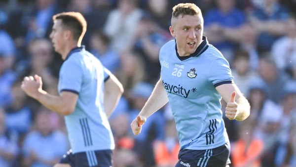 Paddy Small wheels away after scoring Dublin's second goal