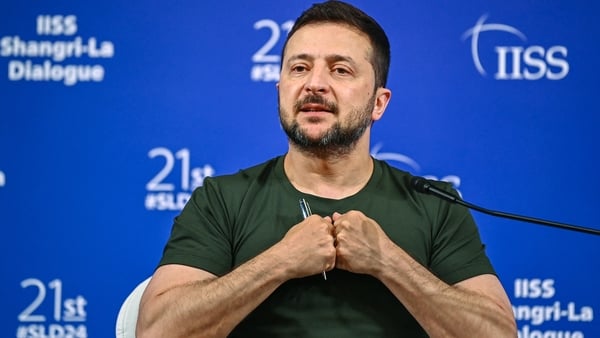 Ukraine's President Volodymyr Zelensky speaks during the 21st Shangri-La Dialogue summit at the Shangri-La Hotel in Singapore