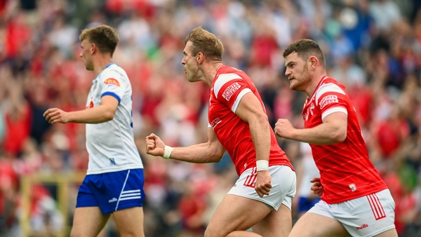 Conor Grimes celebrates scoring Louth's second goal against Monaghan