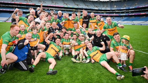 Donegal players celebrate with the Nickey Rackard Cup in Croke Park