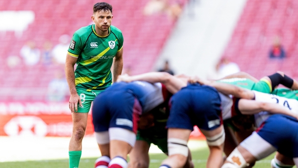 Hugo Keenan looks on at a maul during Ireland's victory over Great Britain