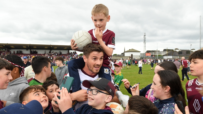 Shane Walsh of Galway with his nephew Milo Costello after the All-Ireland SFC series victory over Westmeath